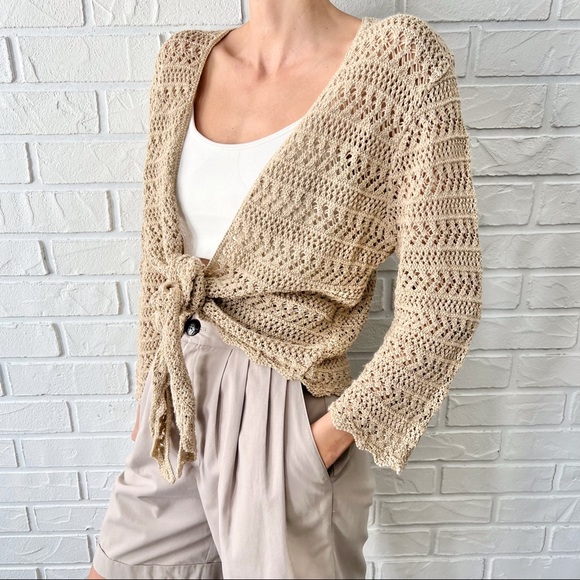 Vintage Sweaters - SOLD Vintage beige metallic gold crochet tie front bell sleeve sweater 12